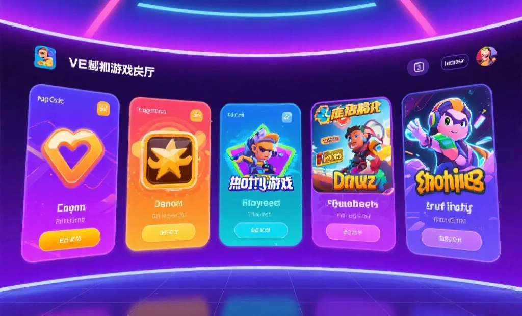 一个五彩斑斓的虚拟游戏大厅界面,展示了五款不同风格的热门游戏,每个游戏都有独特的图标和吸引人的界面元素